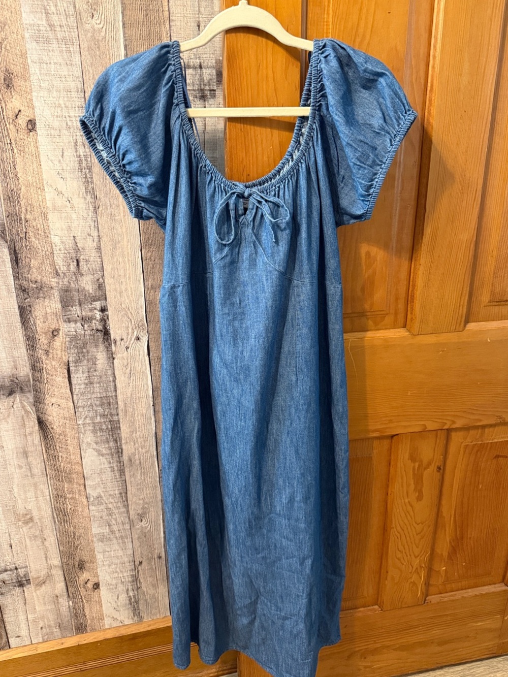 Denim Peasant Midi Dress - Blue